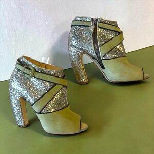 Miu Miu Glitter Peep Toe Ankle Booties Green Suede Silver Heels EU 37.5 Italy
